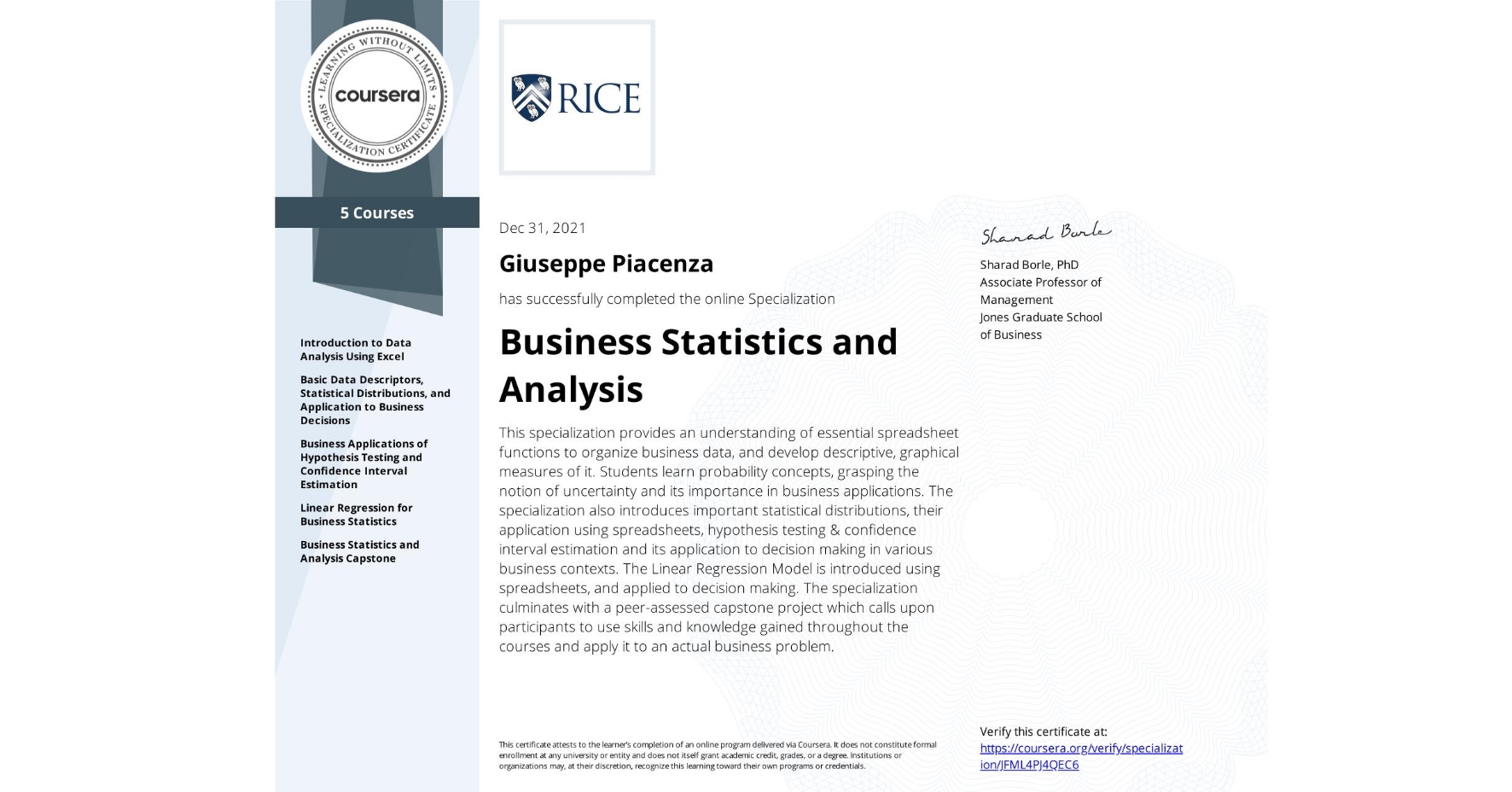 Business Statistics Certificate