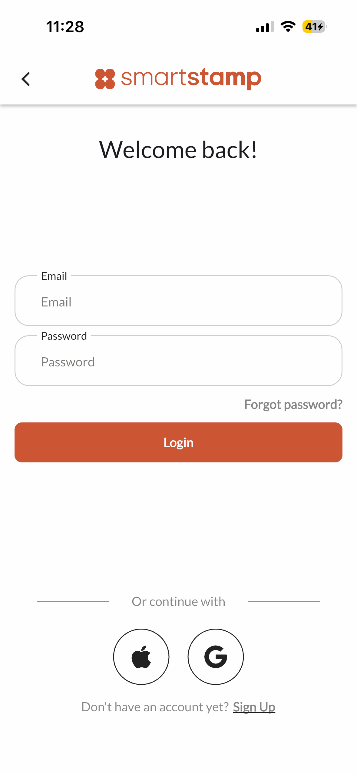 SmartStamp mobile app login screen