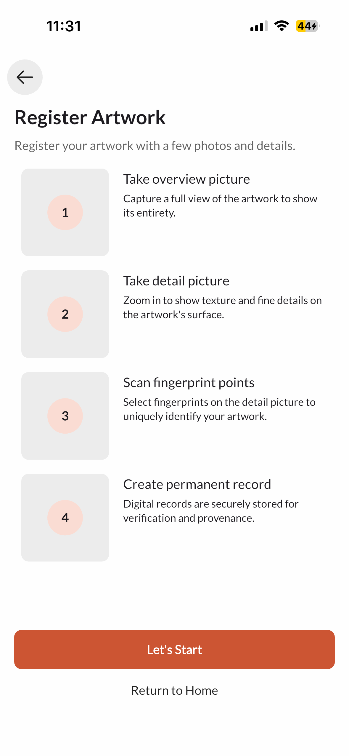 Starting a fingerprint scan of a physical artwork